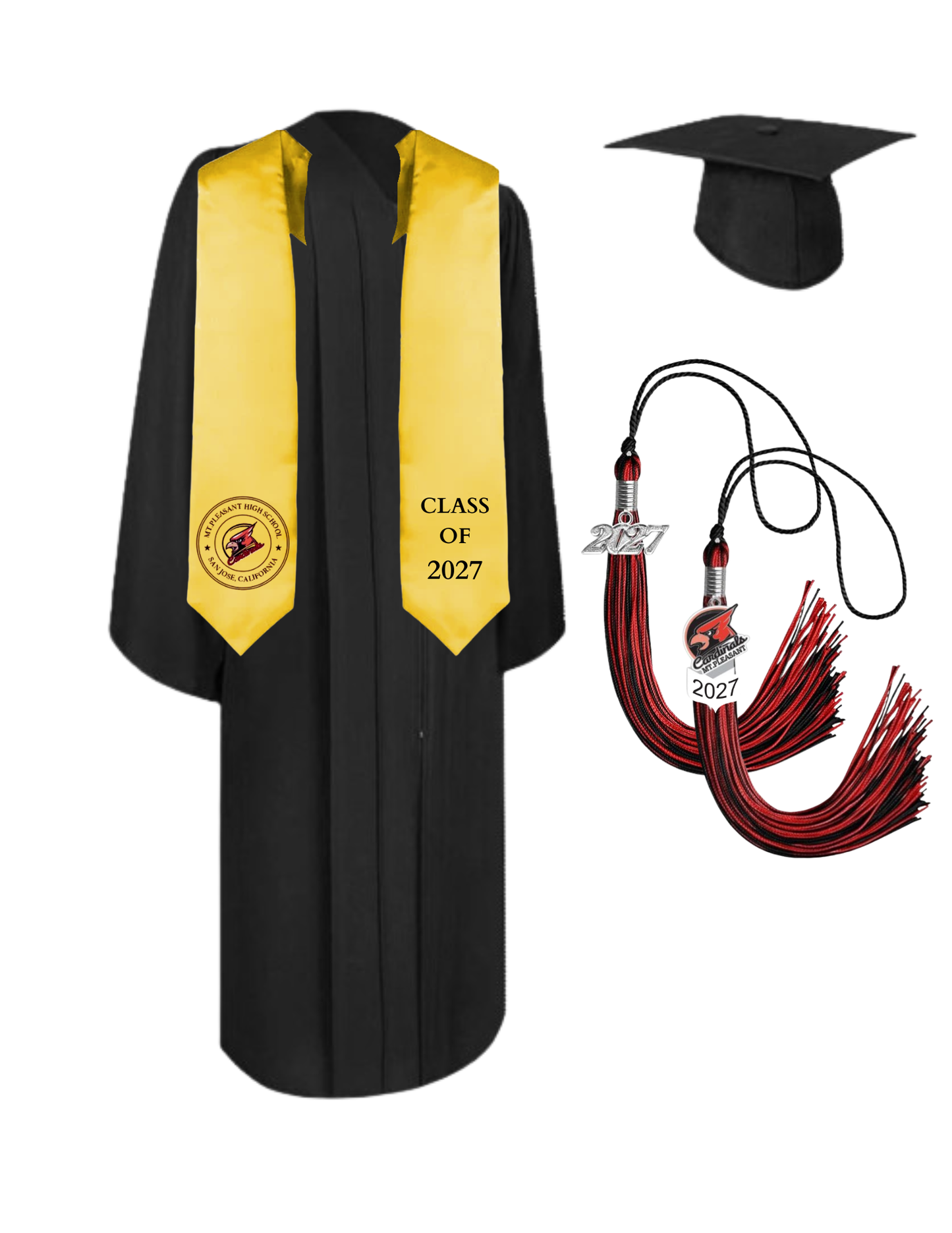 Cap, Gown & Tassel with Ice or Mascot Tassel and Custom School Stole