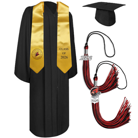 Cap, Gown & Tassel with Ice or Mascot Tassel and Custom School Stole