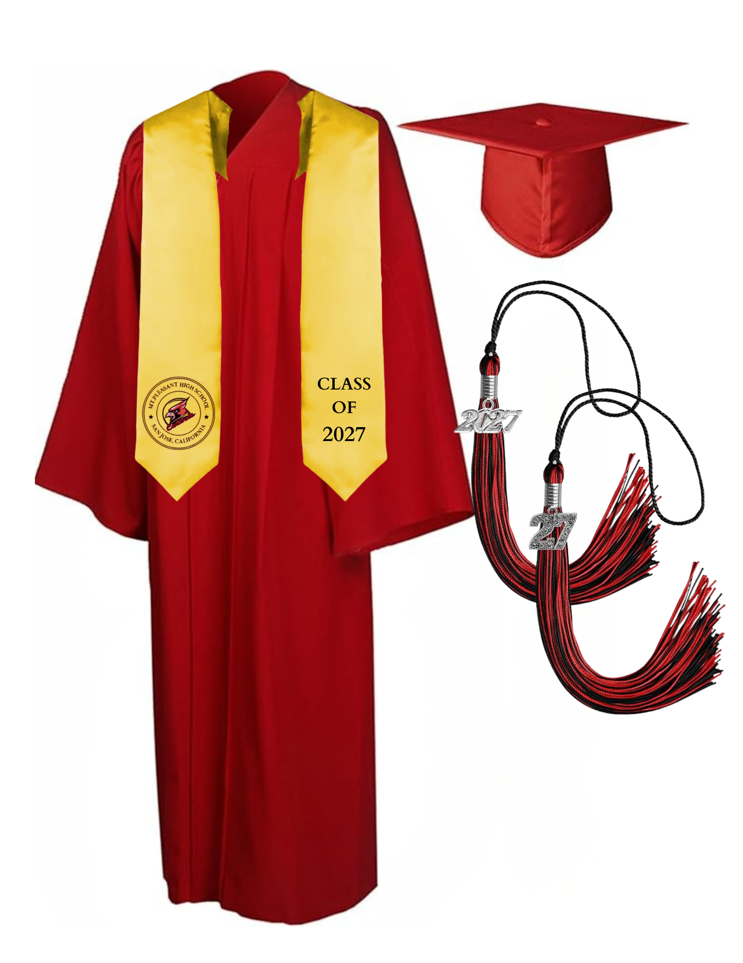 Cap, Gown & Tassel with Ice or Mascot Tassel and Custom School Stole