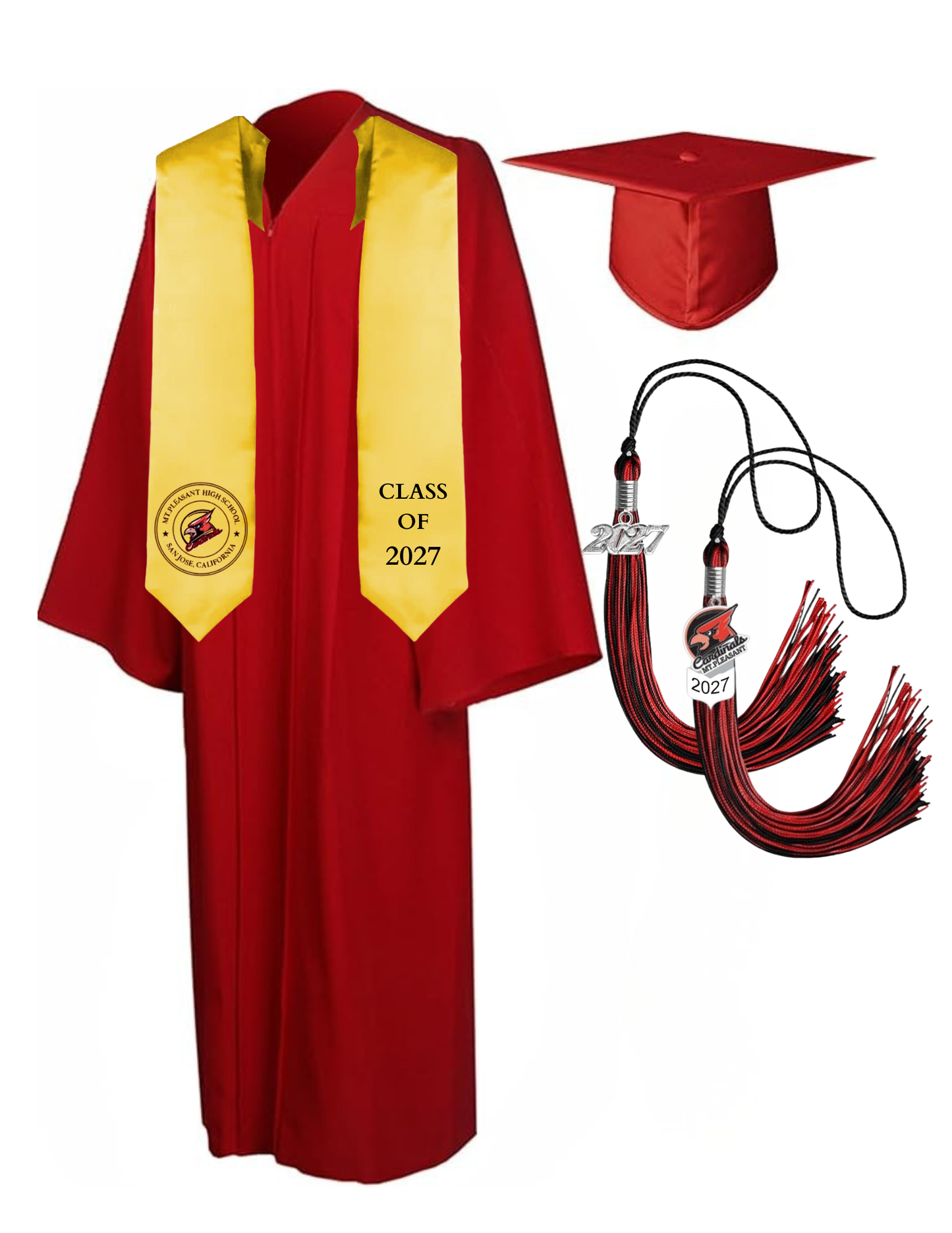 Cap, Gown & Tassel with Ice or Mascot Tassel and Custom School Stole