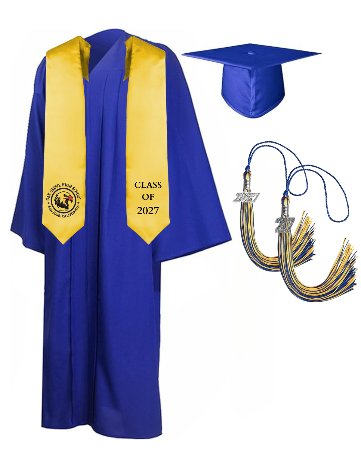 Cap, Gown & Tassel with Ice or Mascot Tassel and Custom School Stole