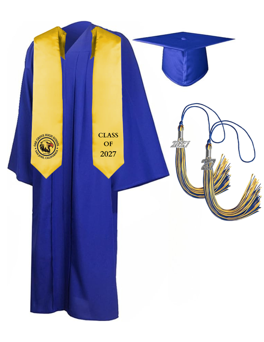 Cap, Gown & Tassel with Ice or Mascot Tassel and Custom School Stole