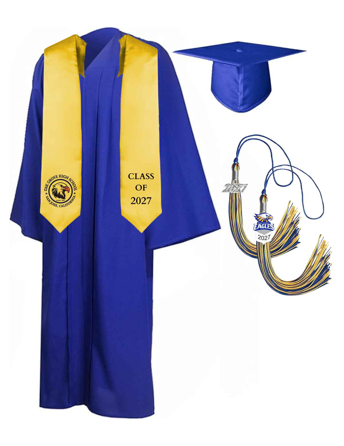 Cap, Gown & Tassel with Ice or Mascot Tassel and Custom School Stole
