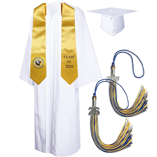 Cap, Gown & Tassel with Ice or Mascot Tassel and Custom School Stole