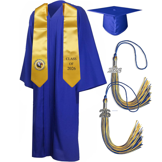 Cap, Gown & Tassel with Ice or Mascot Tassel and Custom School Stole