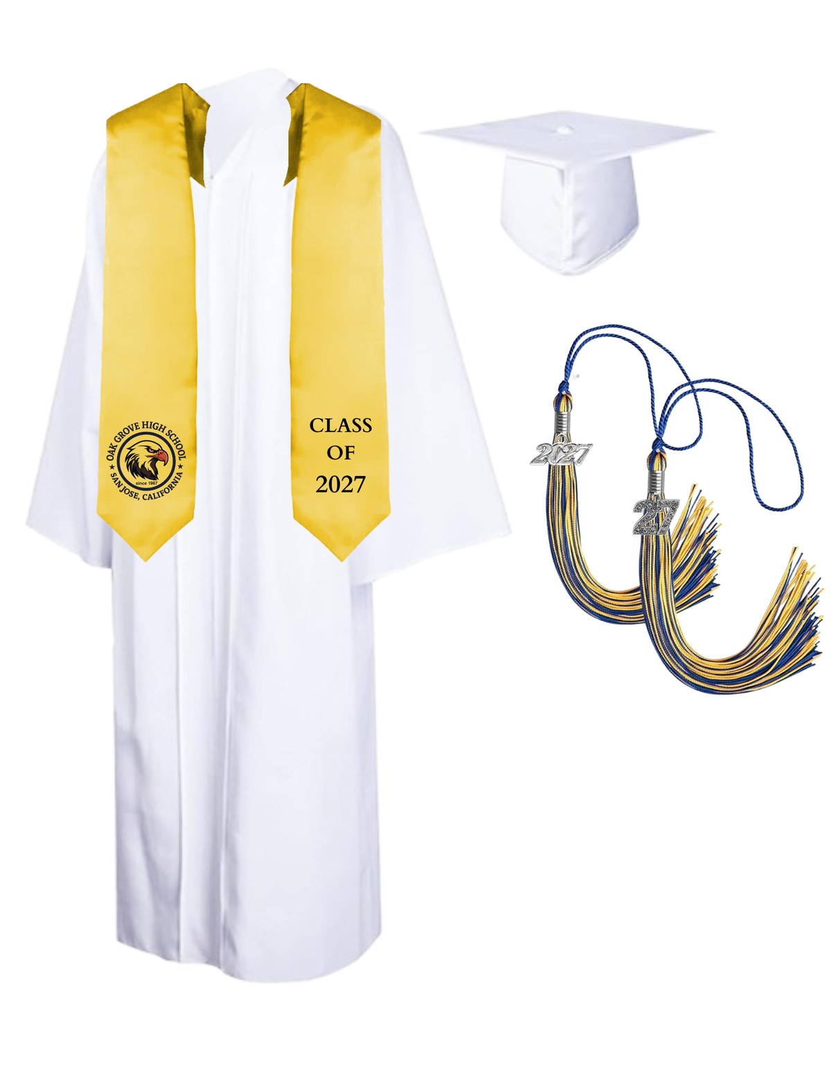 Cap, Gown & Tassel with Ice or Mascot Tassel and Custom School Stole