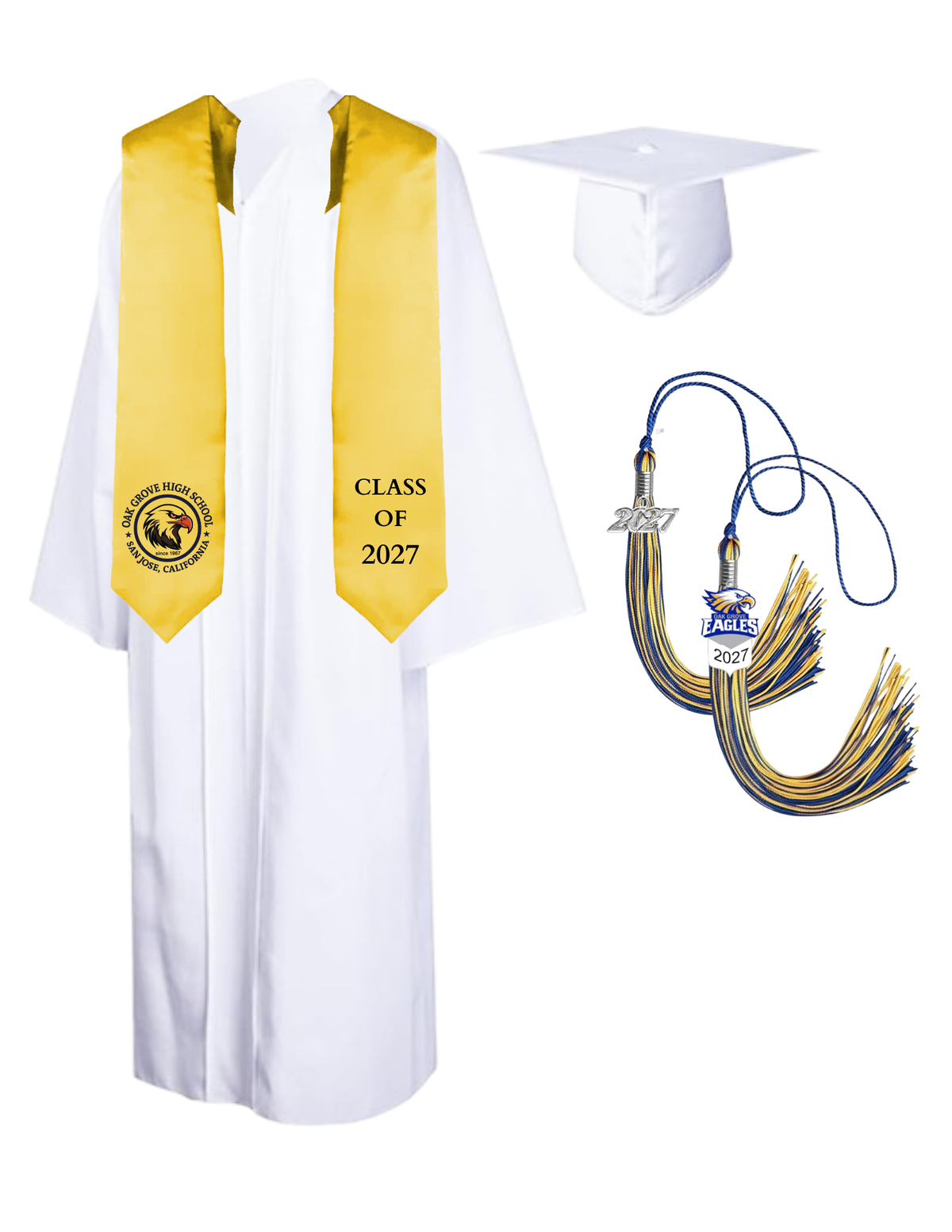Cap, Gown & Tassel with Ice or Mascot Tassel and Custom School Stole