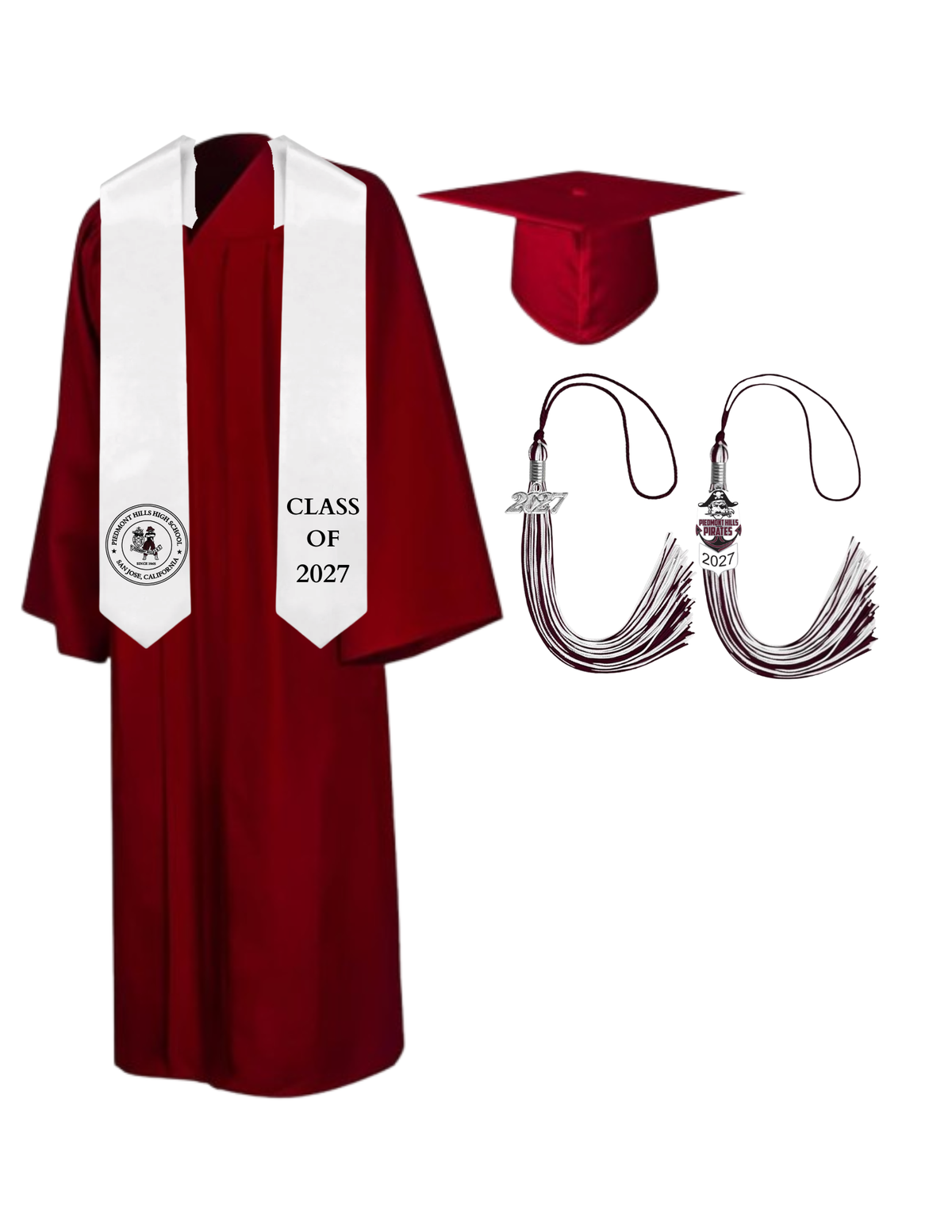 Cap, Gown & Tassel with Ice or Mascot Tassel and Custom School Stole