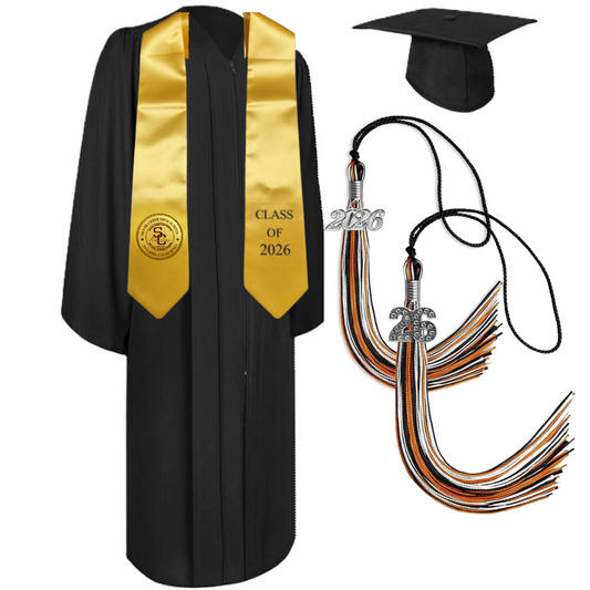 Cap, Gown & Tassel with Ice or Mascot Tassel and Custom School Stole