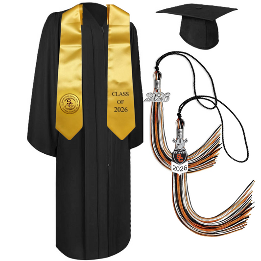 Cap, Gown & Tassel with Ice or Mascot Tassel and Custom School Stole