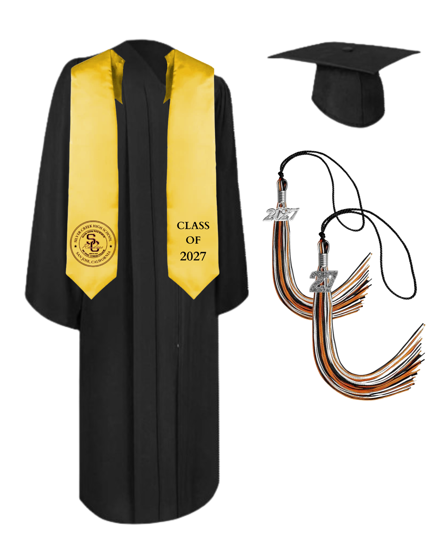 Cap, Gown & Tassel with Ice or Mascot Tassel and Custom School Stole