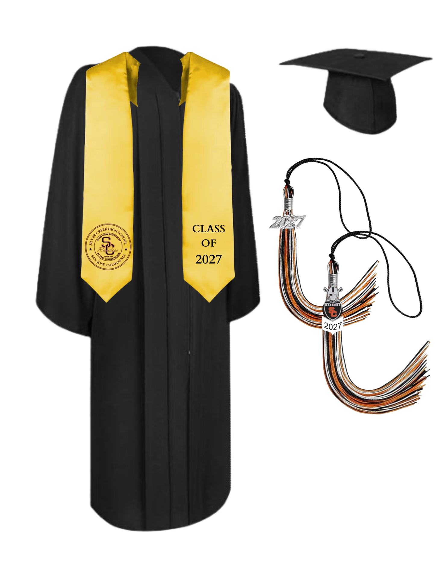 Cap, Gown & Tassel with Ice or Mascot Tassel and Custom School Stole