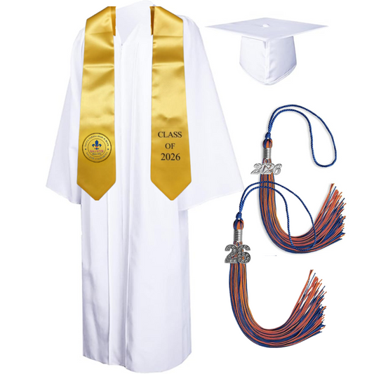 Cap, Gown & Tassel with Ice or Mascot Tassel and Custom School Stole