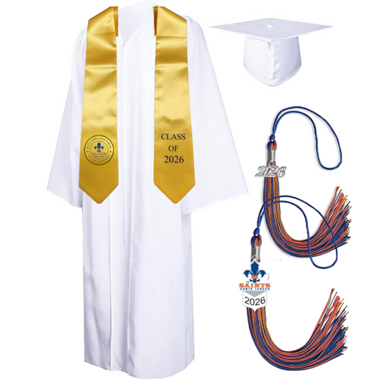 Cap, Gown & Tassel with Ice or Mascot Tassel and Custom School Stole