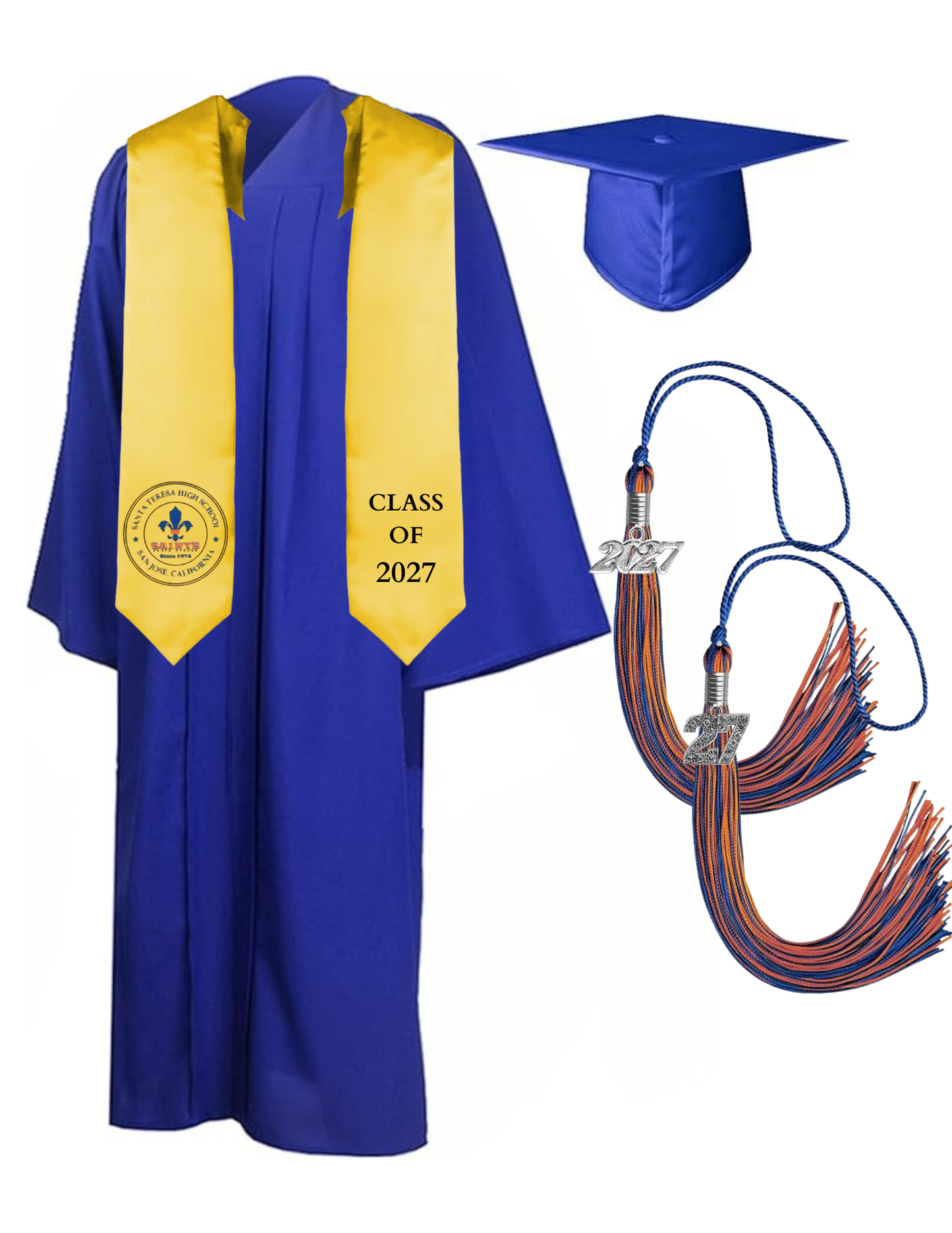 Cap, Gown & Tassel with Ice or Mascot Tassel and Custom School Stole