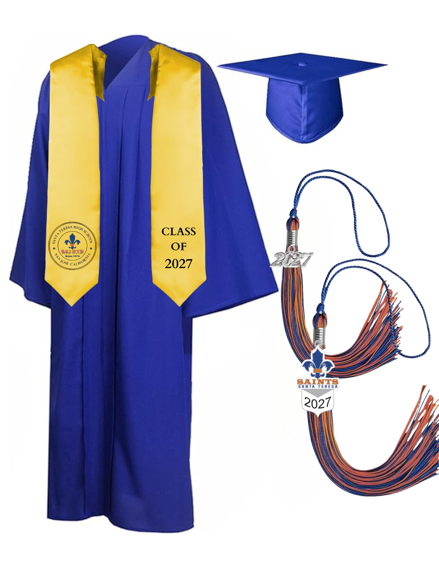 Cap, Gown & Tassel with Ice or Mascot Tassel and Custom School Stole