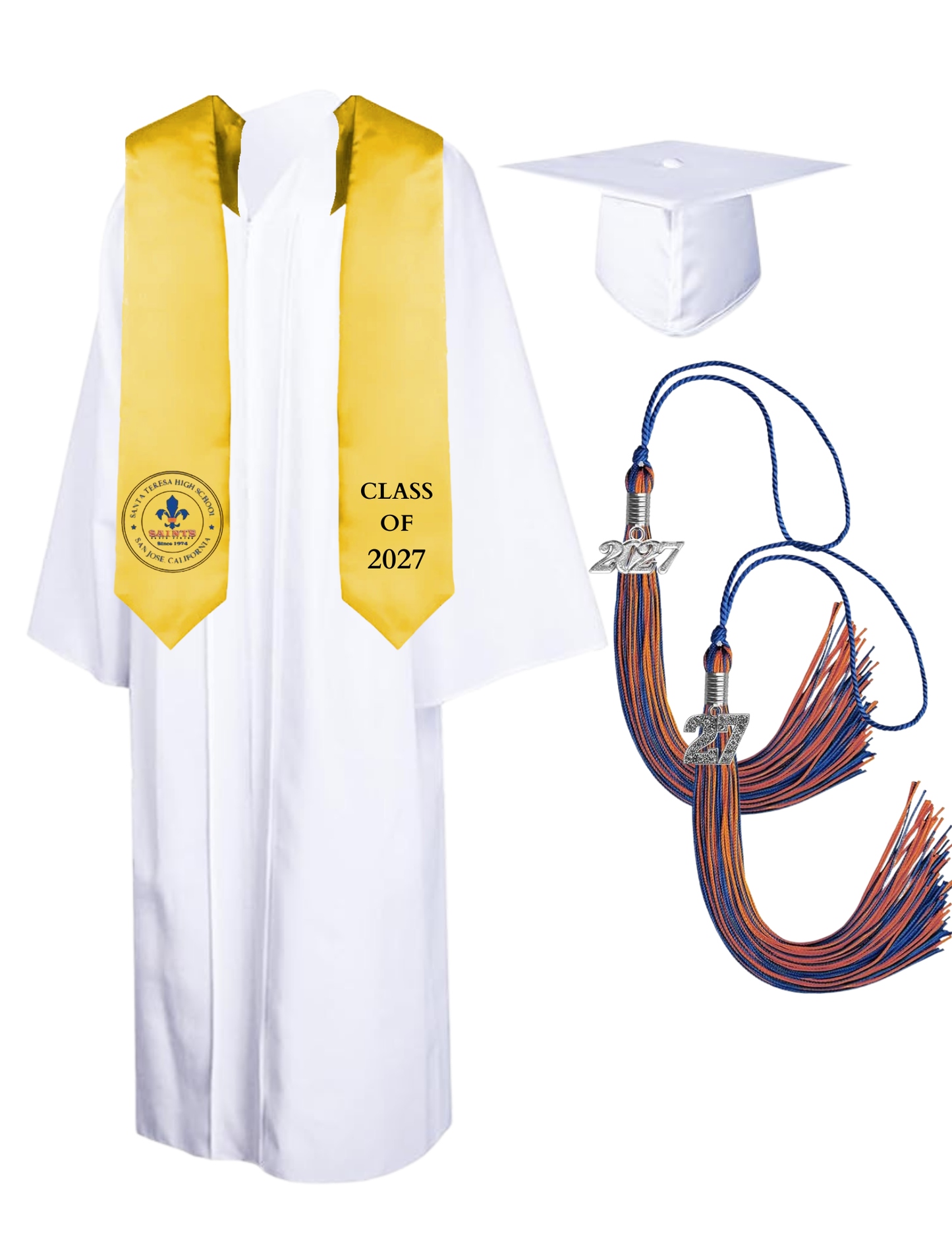 Cap, Gown & Tassel with Ice or Mascot Tassel and Custom School Stole