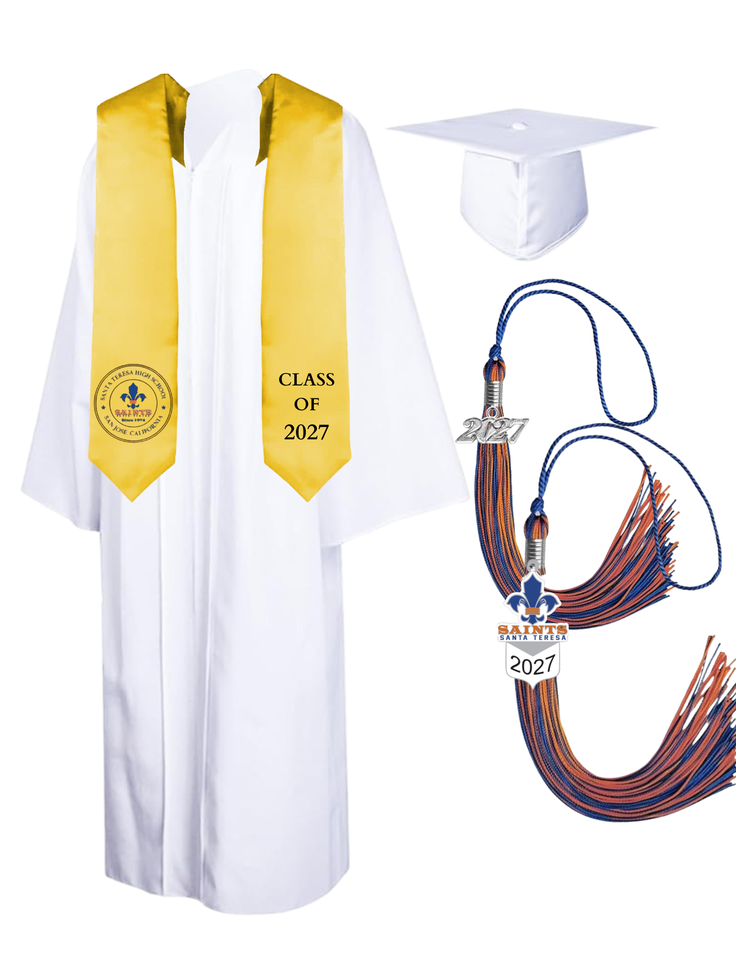 Cap, Gown & Tassel with Ice or Mascot Tassel and Custom School Stole