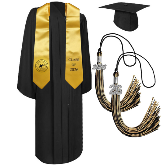 Cap, Gown & Tassel with Ice or Mascot Tassel and Custom School Stole