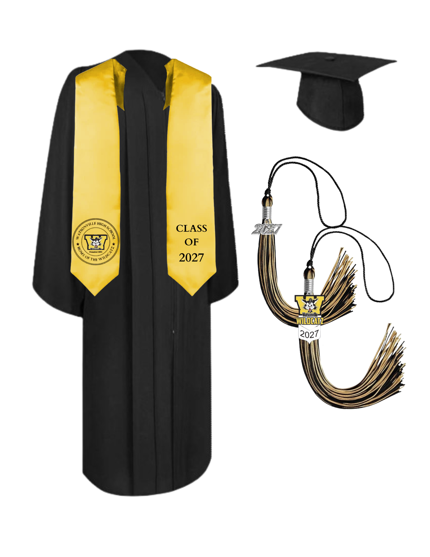 Cap, Gown & Tassel with Ice or Mascot Tassel and Custom School Stole