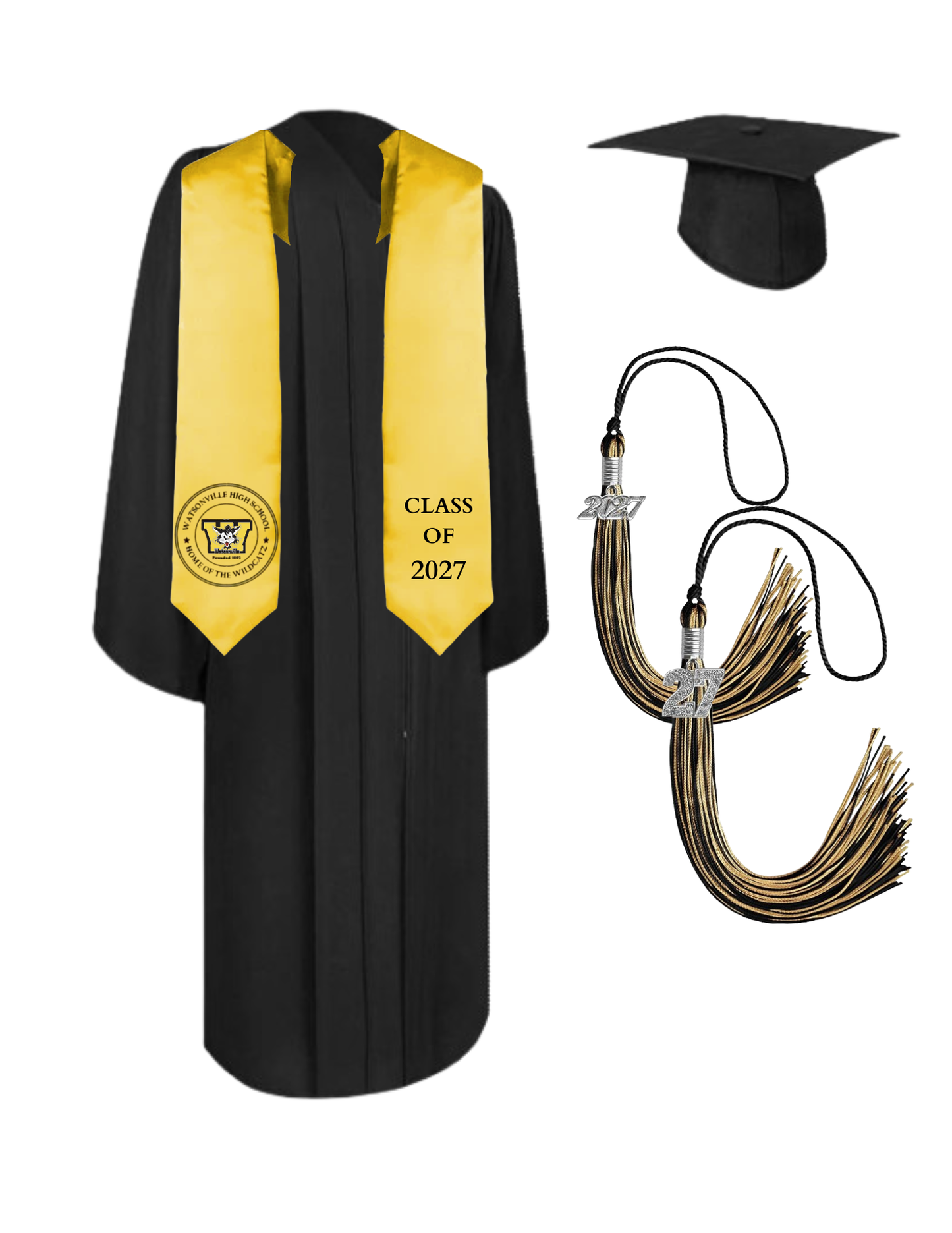 Cap, Gown & Tassel with Ice or Mascot Tassel and Custom School Stole